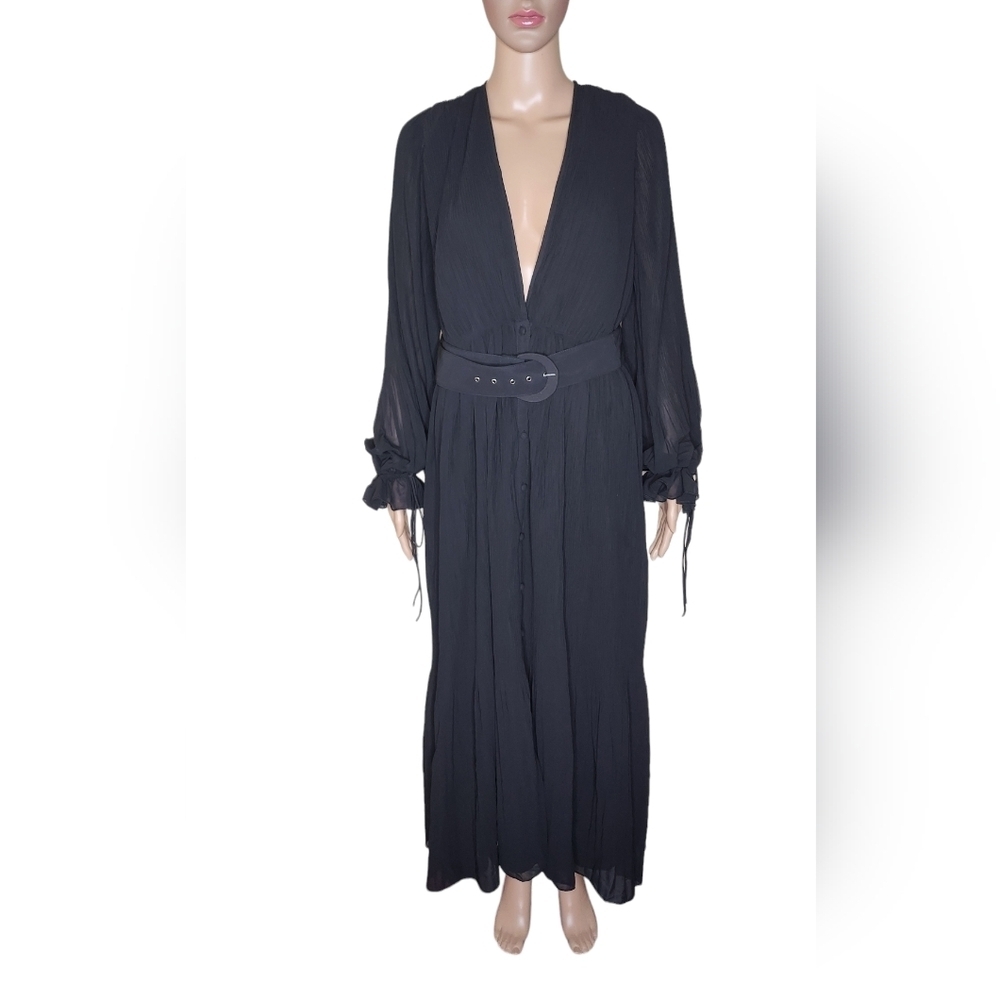 NWT Asos Black plisse women's size 10 grunge v - neck belted maxi dress